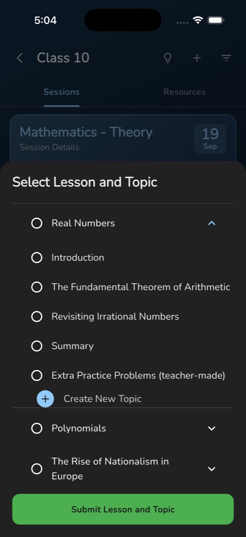 The "Select Lesson and Topic" sheet with a lesson expanded into topics