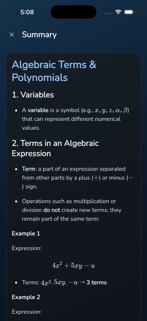 The Summary viewer showing formatted text with an equation