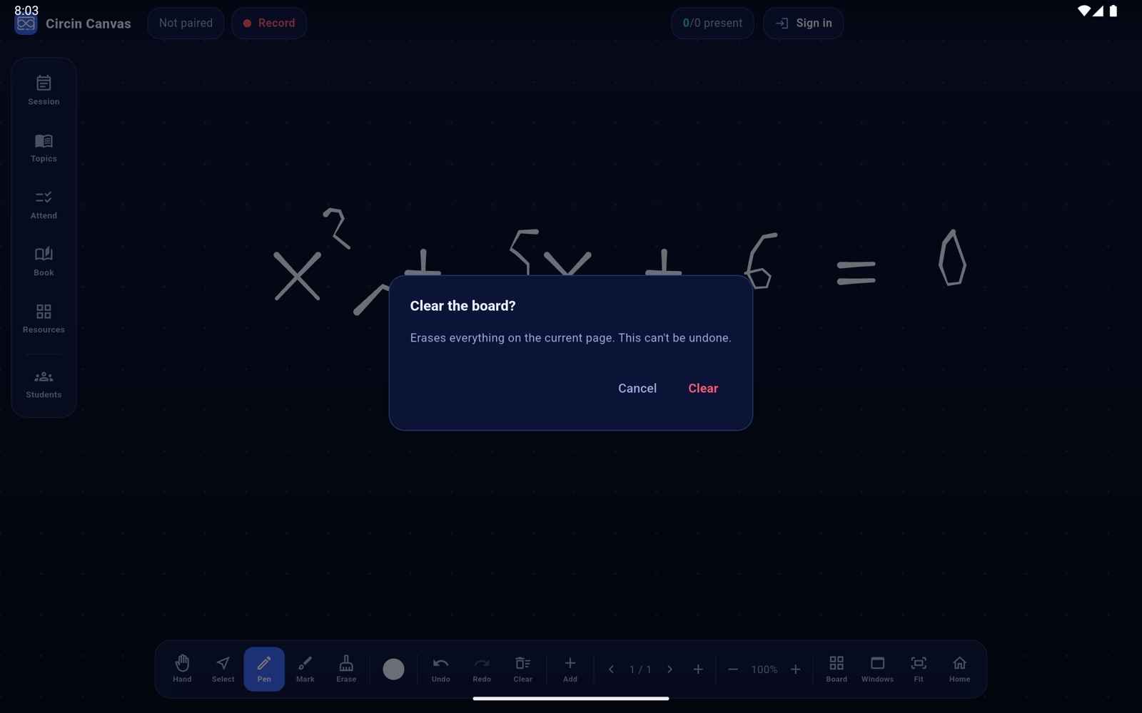 The Clear the board? confirmation dialog