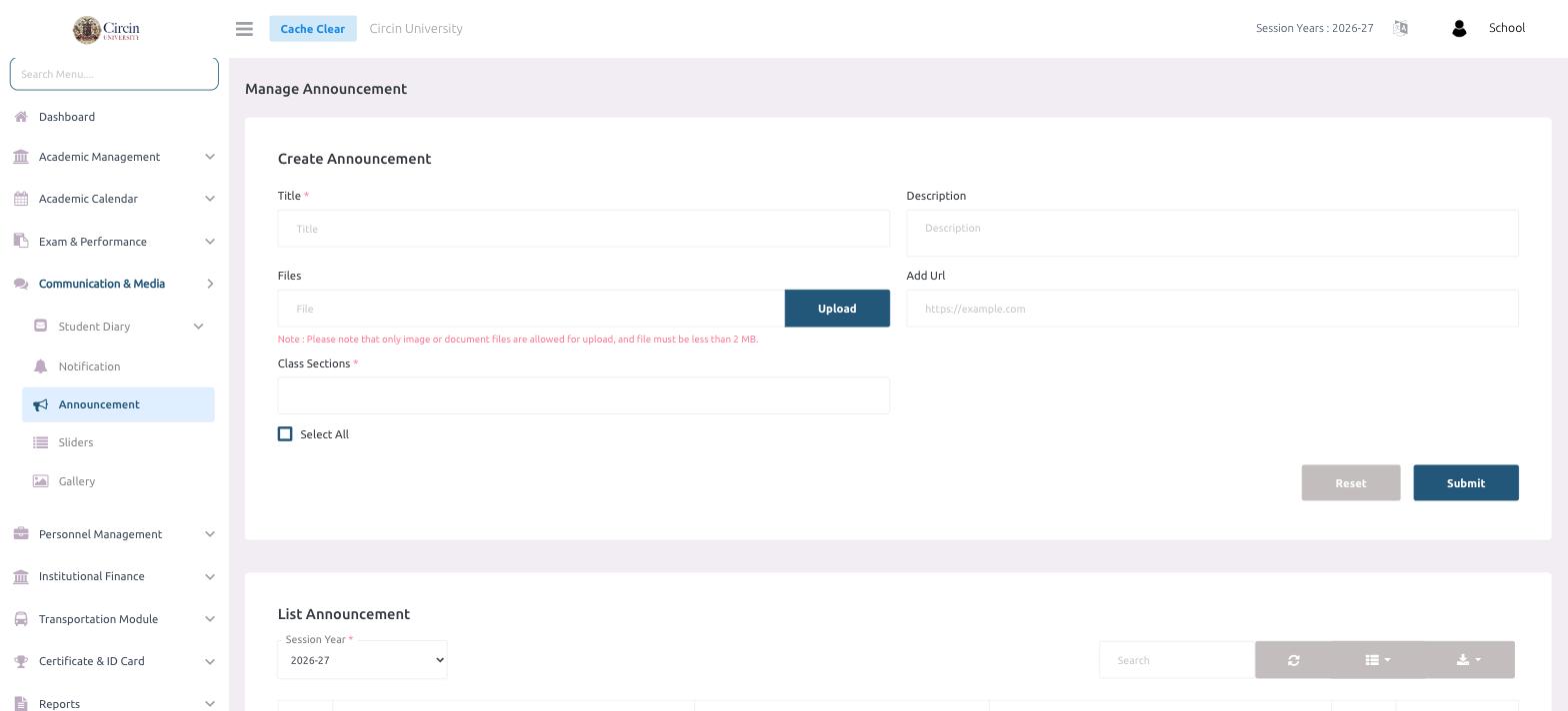 Manage Announcement page in Circin showing the Create Announcement form with Title, Description, Files, Add Url and Class Sections fields