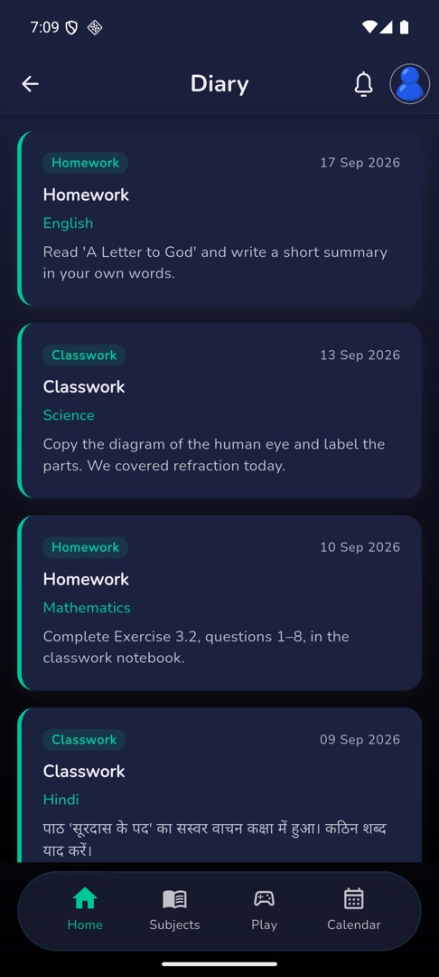 The Diary list with a category chip, date, title and subject on each remark