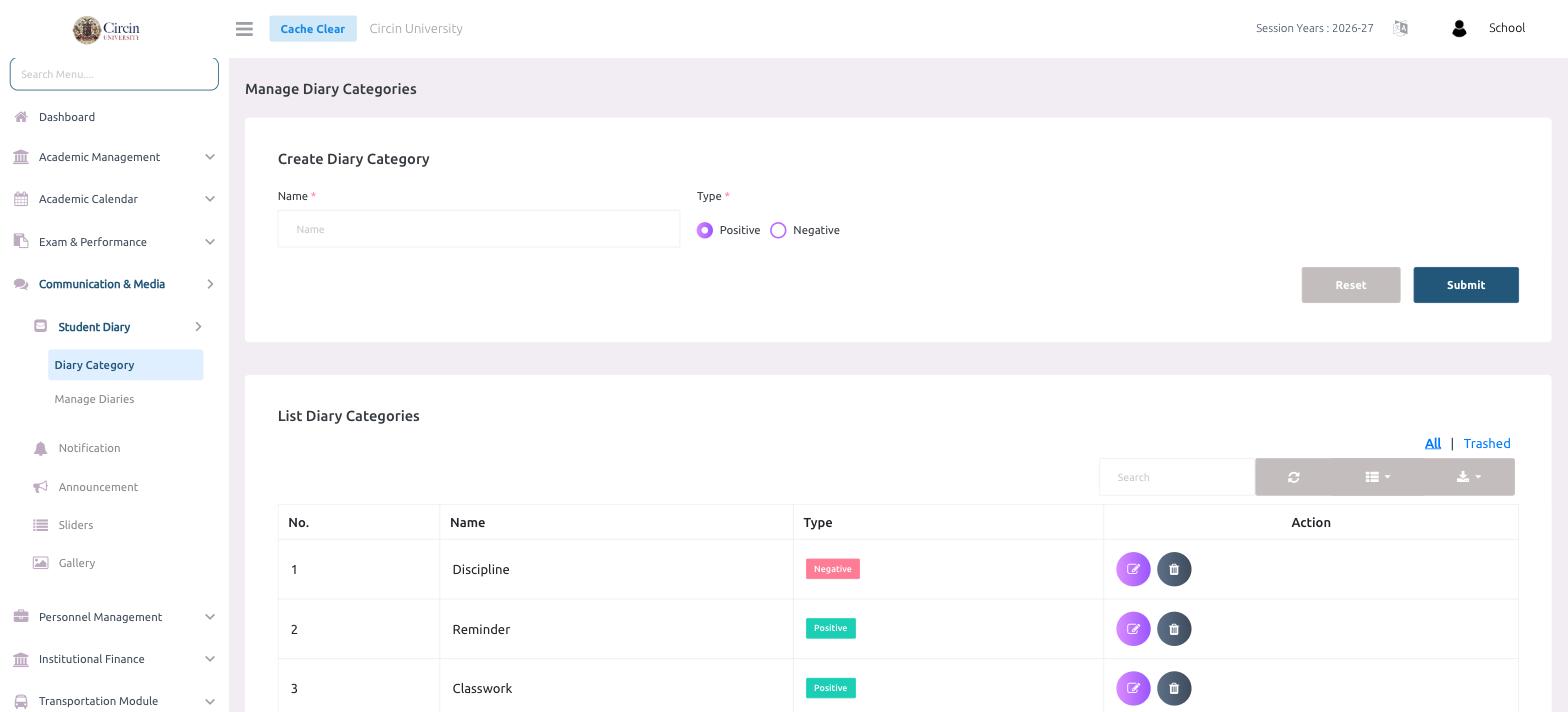 Manage Diary Categories page in Circin with the Create Diary Category form and a list showing Discipline, Reminder and Classwork