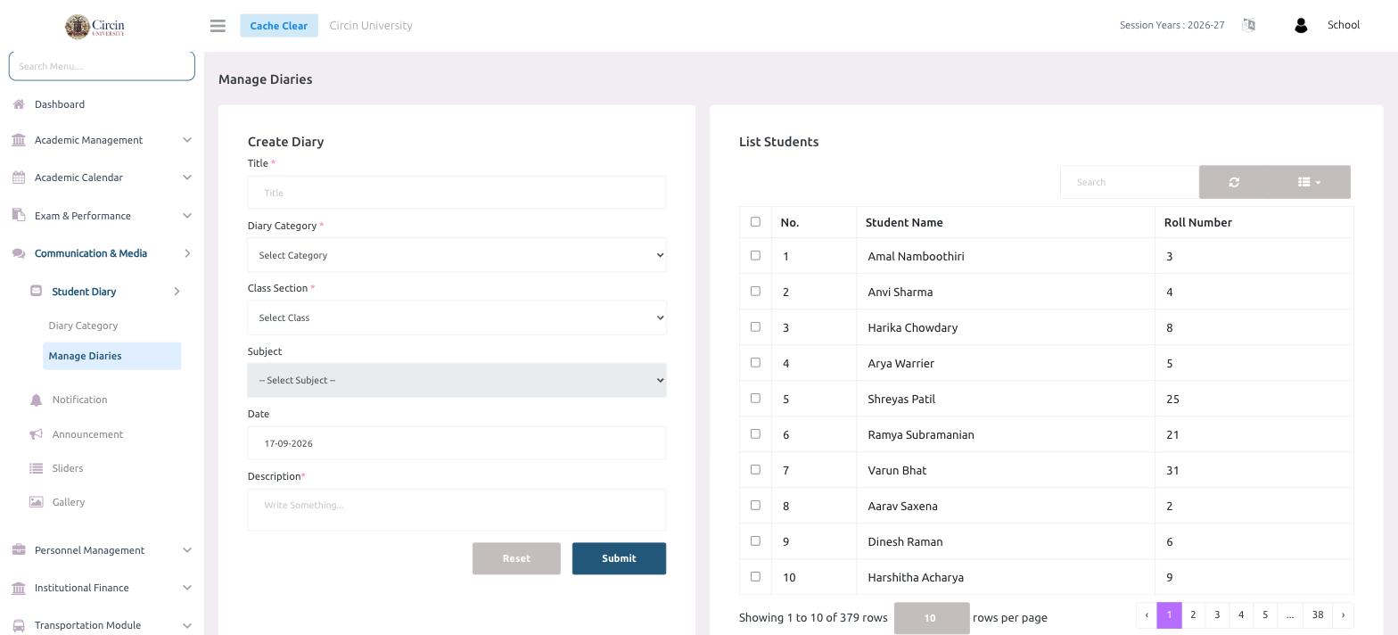 Manage Diaries page in Circin with the Create Diary form on the left and the List Students table with roll numbers on the right
