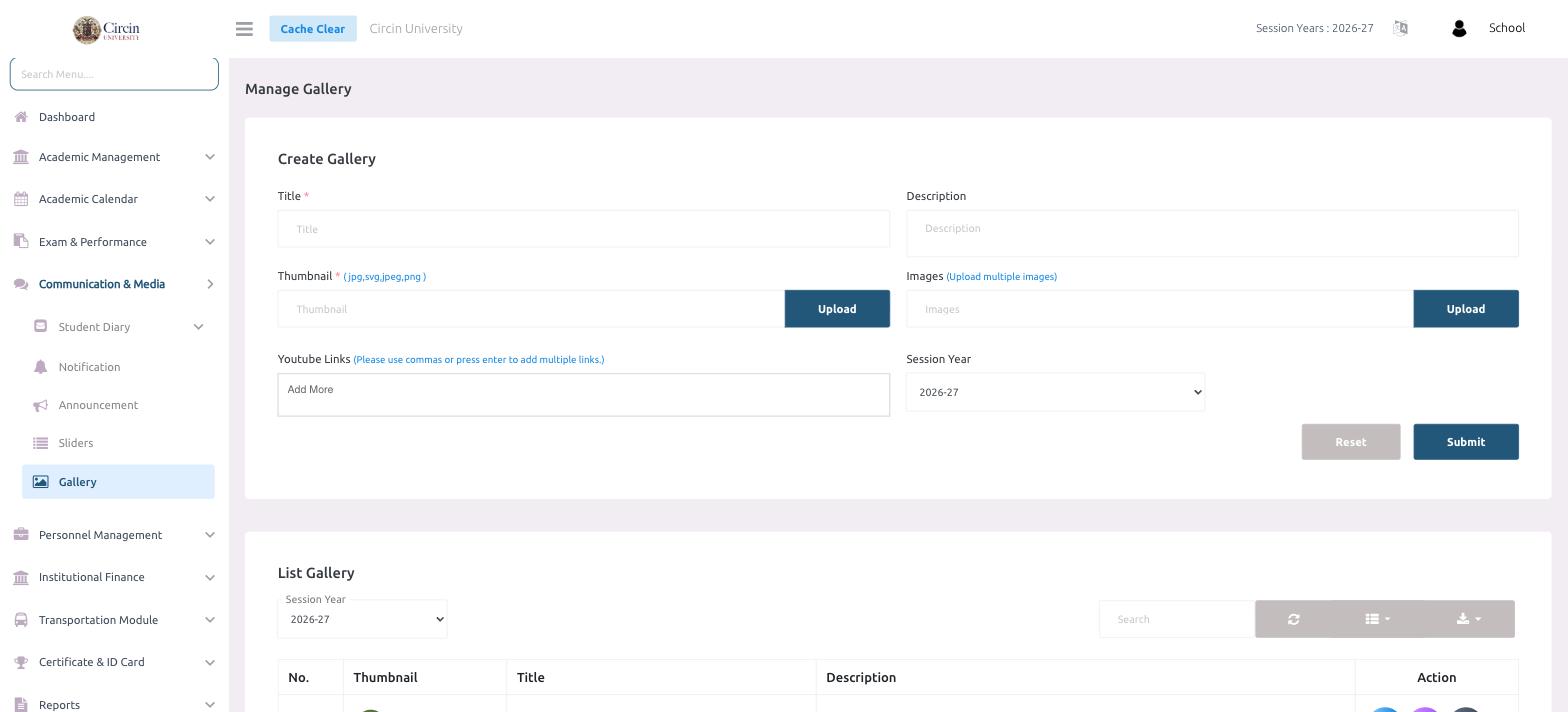 Manage Gallery page in Circin with the Create Gallery form showing Title, Description, Thumbnail, Images, Youtube Links and Session Year fields