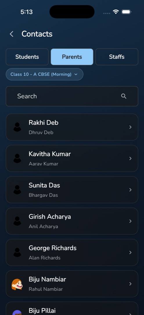 The Contacts screen on Parents, guardian name over student name, with the Class pill