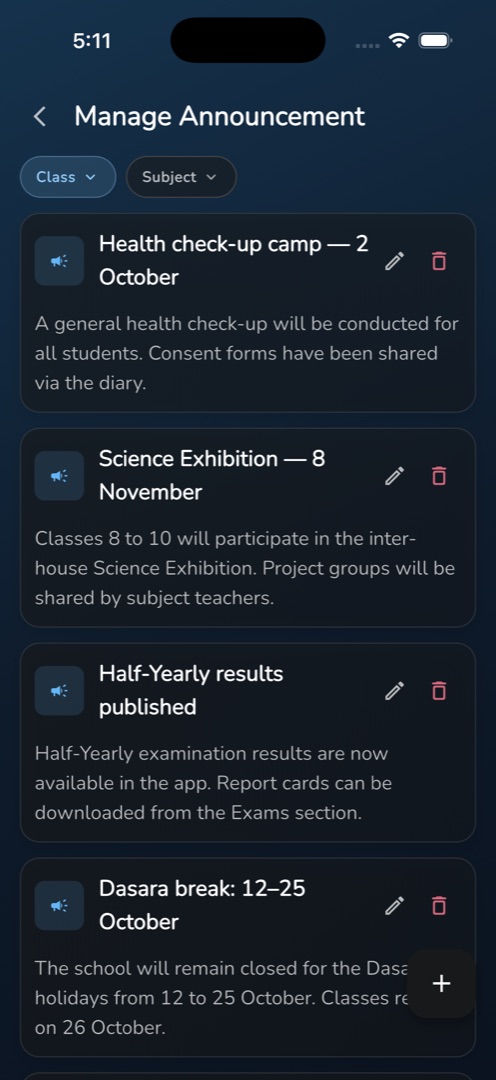Manage Announcement with its Class and Subject pills over the posted announcements