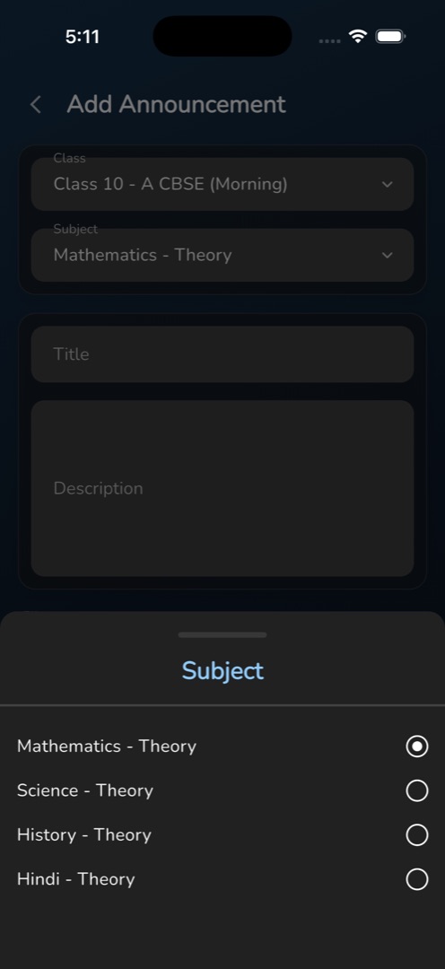 "Add Announcement" — the Class + Subject card with a sheet open