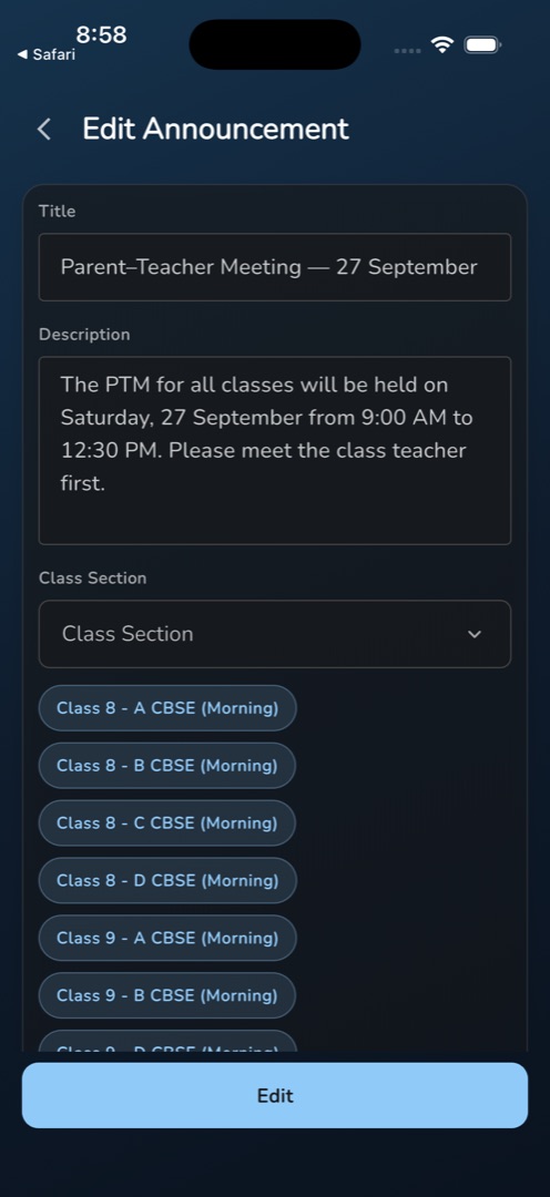 Edit Announcement with the title and description filled and every class section pre-ticked