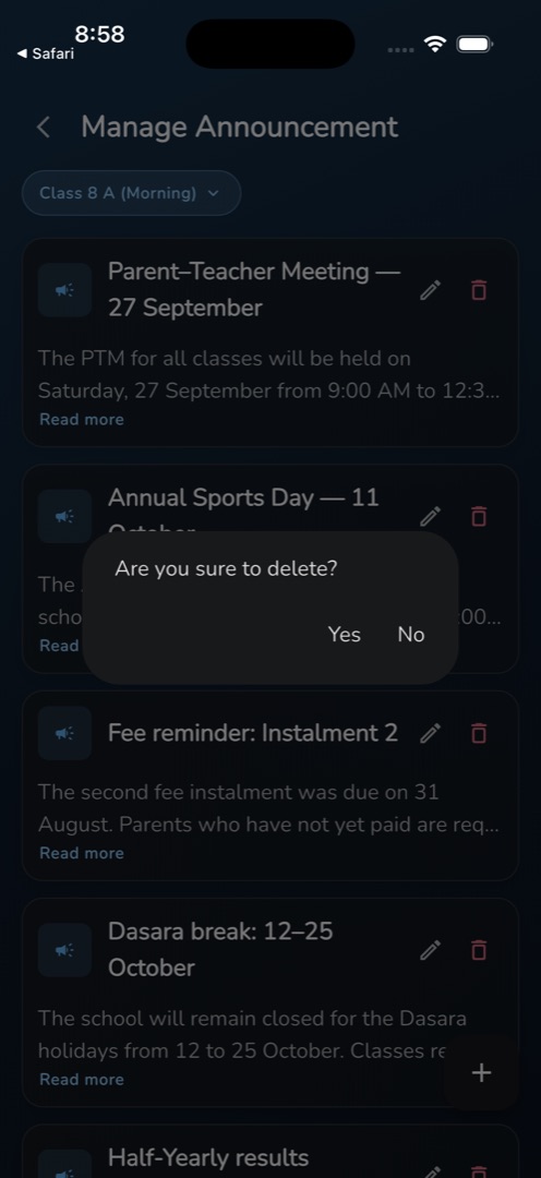 The Are you sure to delete? dialog with Yes and No