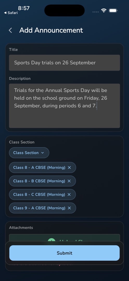 Add Announcement with the title and description filled and four class-section chips