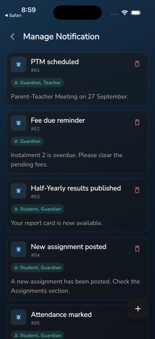 The Manage Notification list with a hash-01 card and its audience chip