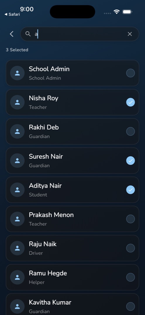 The Search users screen with three people ticked and the 3 Selected count