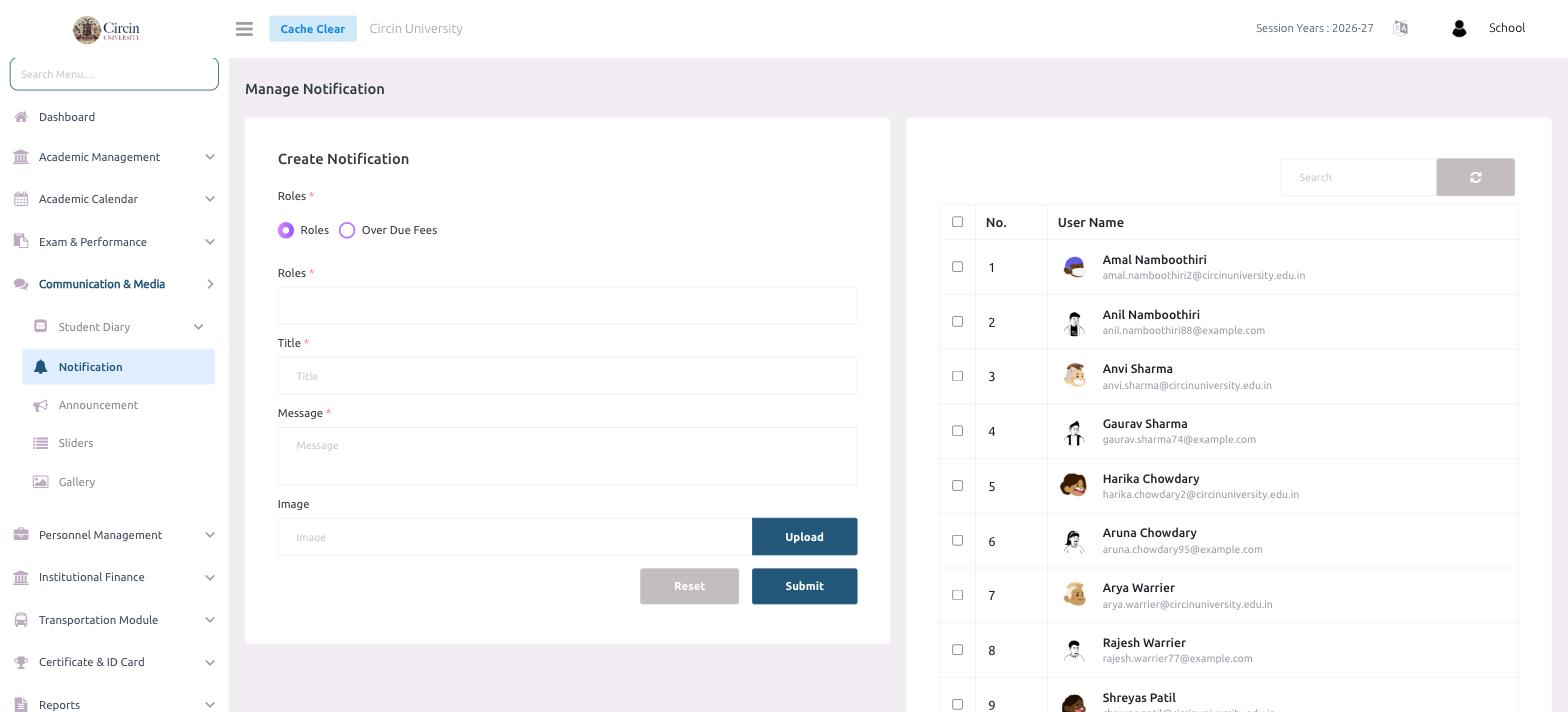 Manage Notification page in Circin with the Create Notification form and a list of recipient user names on the right