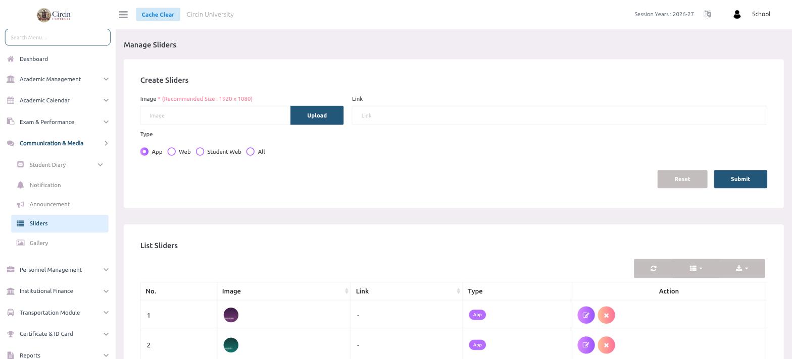 Manage Sliders page in Circin with the Create Sliders form, an image upload, a link field, App/Web/Student Web/All type options, and a list of sliders below