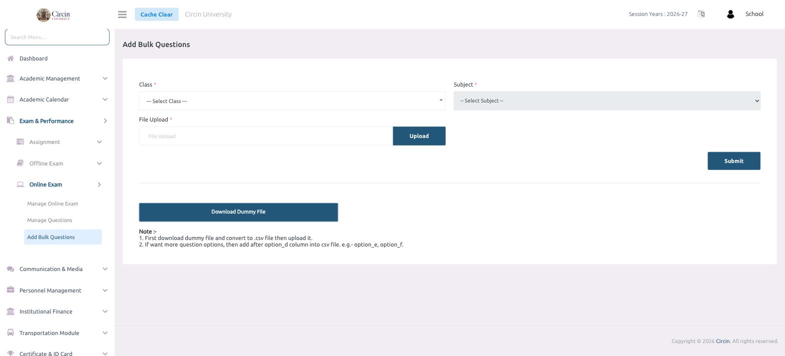 Add Bulk Questions page in Circin with Class and Subject dropdowns, a File Upload field, a Download Dummy File button, and upload instructions