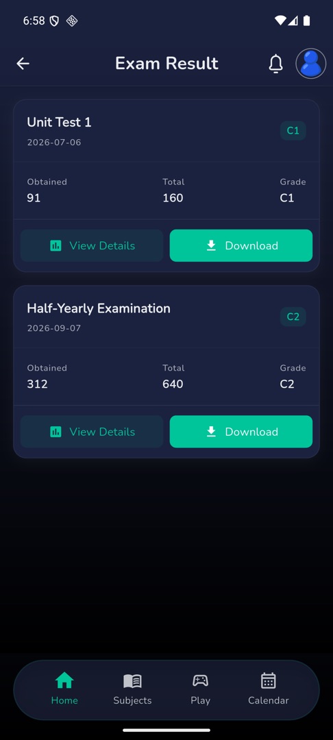 The Exam Result list with a grade chip, Obtained, Total and Grade on each published result