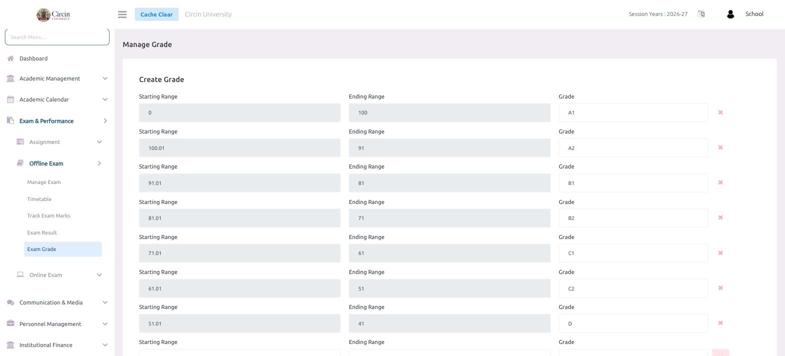 Manage Grade page in Circin showing grade bands with starting range, ending range, and grade label rows such as A1, A2, B1, B2, C1, C2, and D