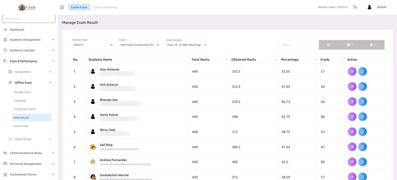 Manage Exam Result page in Circin listing students with their total marks, obtained marks, percentage, and grade for a selected exam