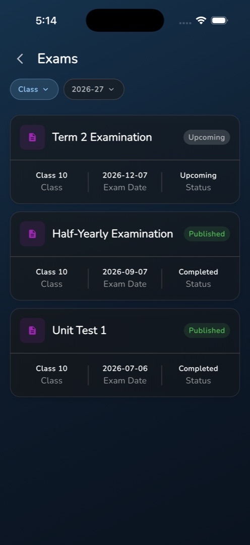 The Exams list with both pills and a mix of status chips