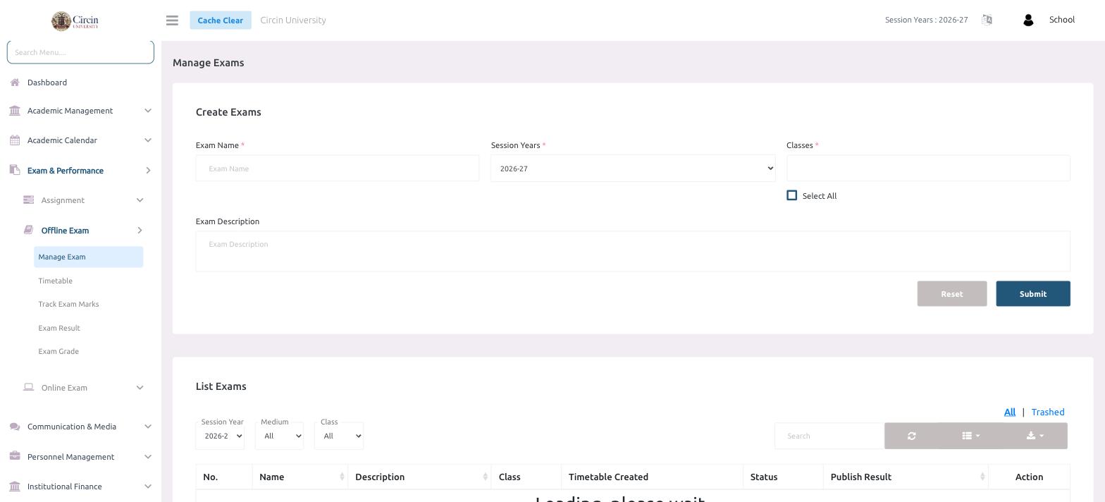 Manage Exams page in Circin showing the Create Exams form with Exam Name, Session Years, Classes, and Exam Description fields