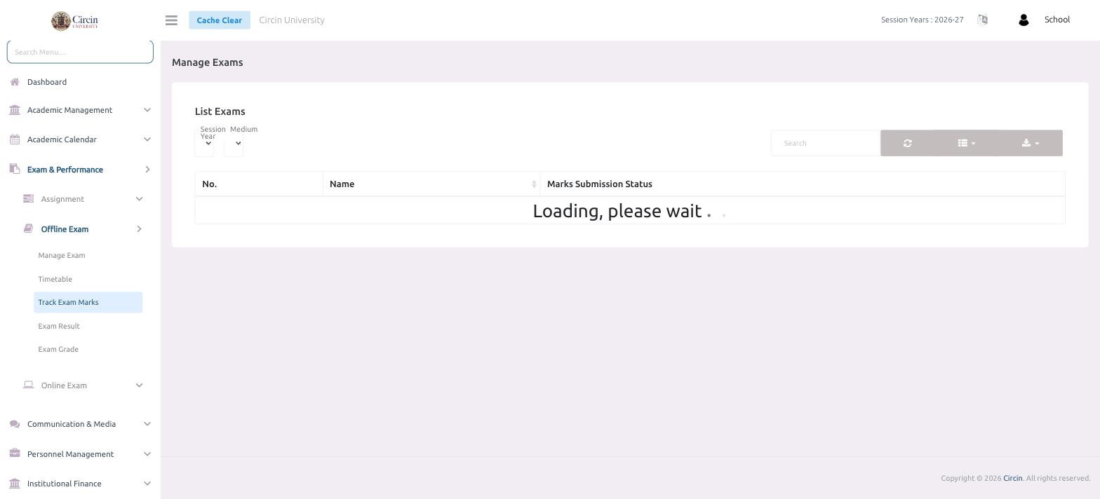 Track Exam Marks page in Circin listing exams by name with their marks submission status