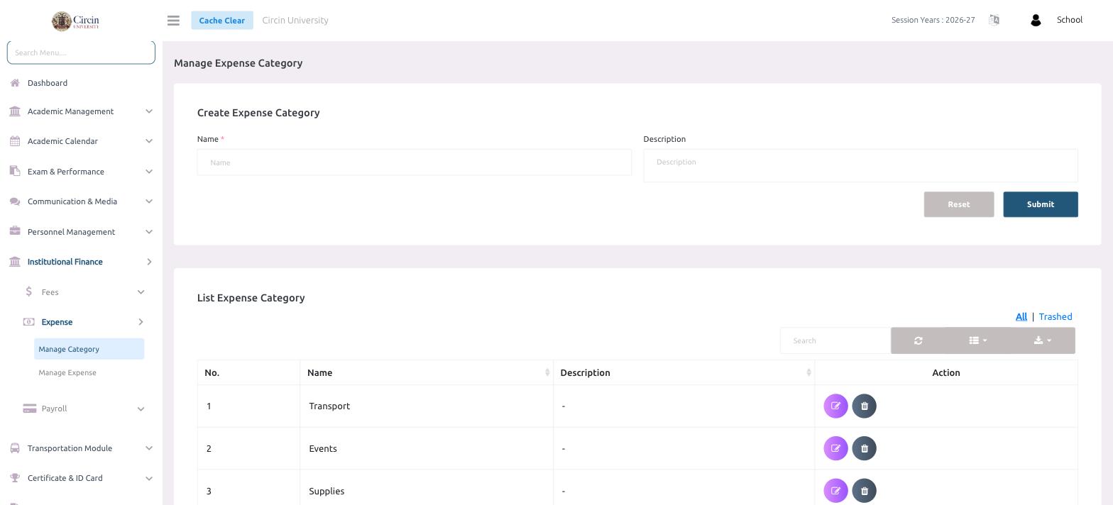 Manage Expense Category page in Circin with the Create Expense Category form and a List Expense Category table showing Transport, Events and Supplies