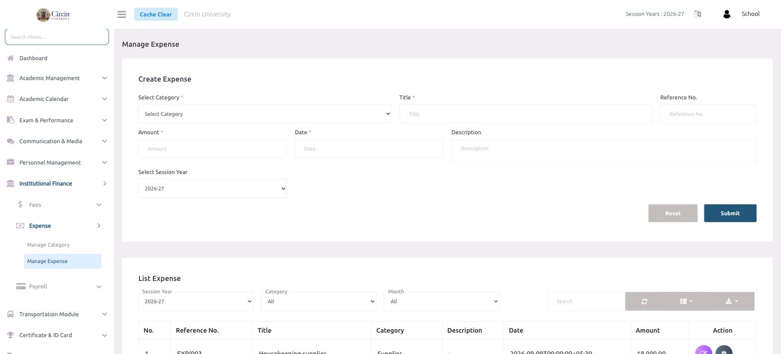 Manage Expense page in Circin with the Create Expense form fields — category, title, reference no, amount, date and session year — above the List Expense table