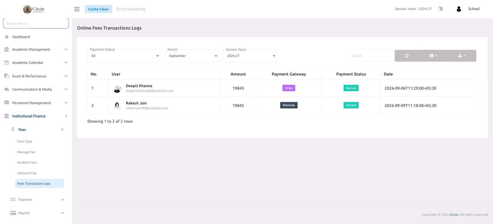 Online Fees Transactions Logs page in Circin listing payments with user, amount, Stripe and Razorpay gateways, and Success statuses