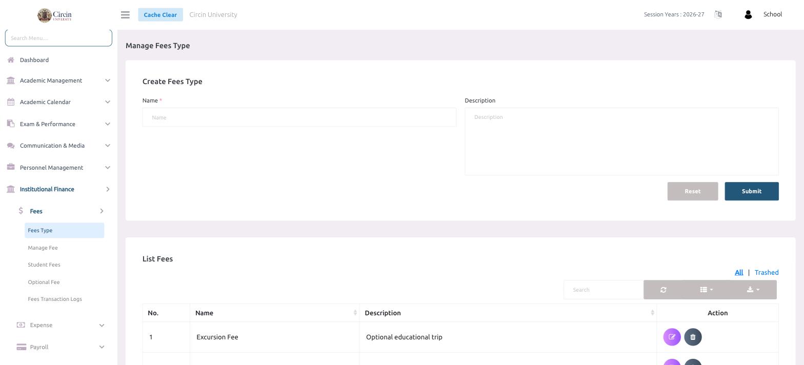 Manage Fees Type page in Circin with the Create Fees Type form and the List Fees table below