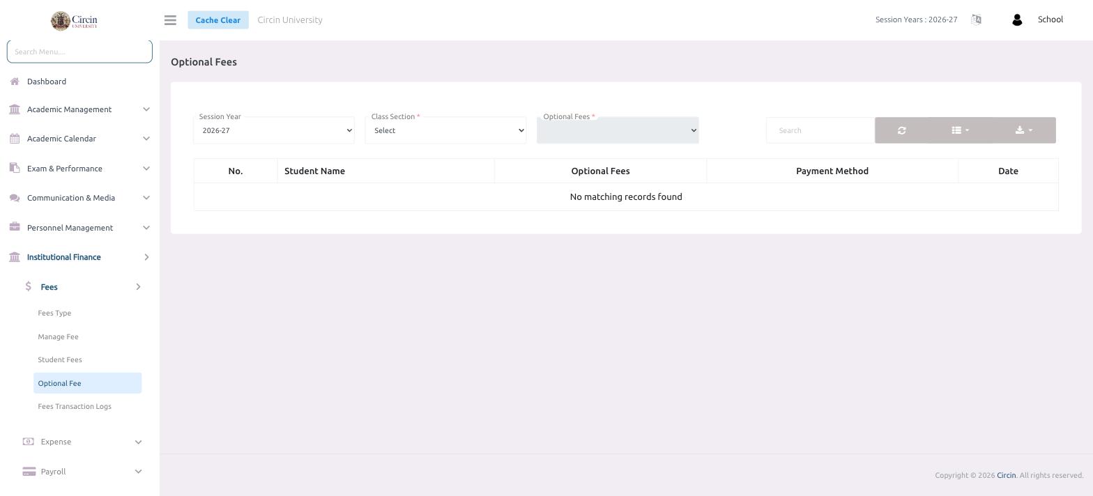 Optional Fees page in Circin with Session Year, Class Section and Optional Fees filters above an empty results table reading No matching records found