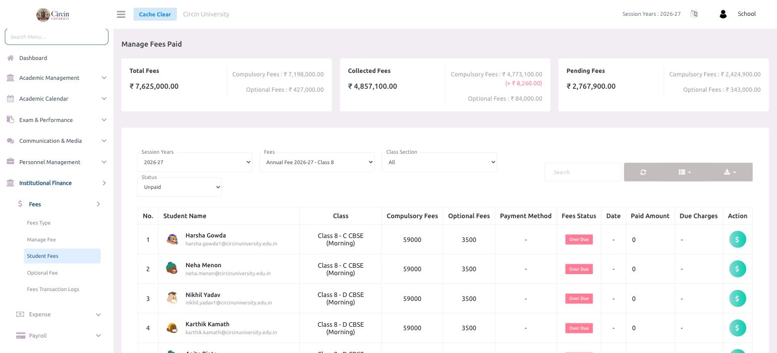 Manage Fees Paid dashboard in Circin with total, collected and pending cards and a filtered student fees table showing Over Due statuses