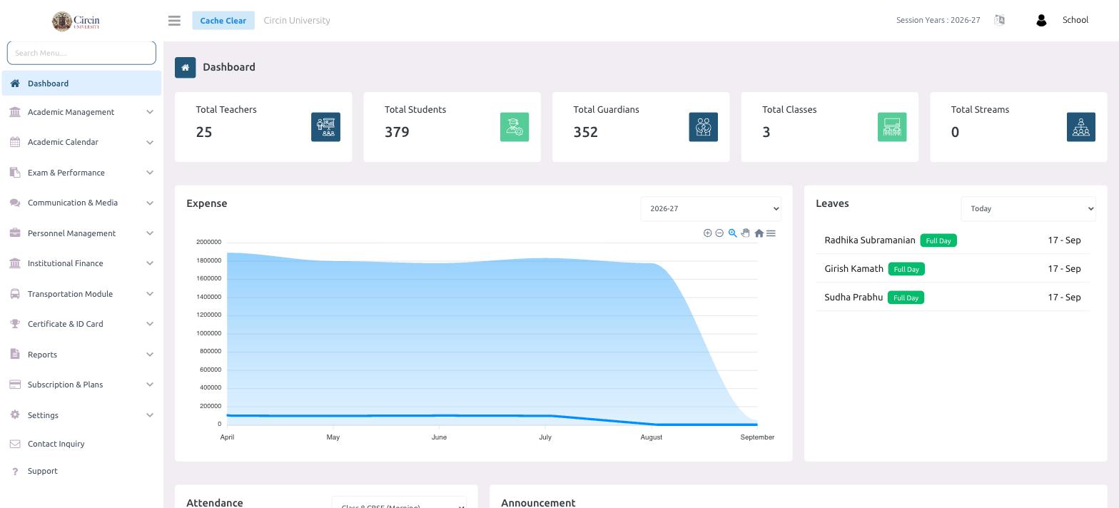 The Circin admin dashboard showing Total Teachers, Total Students, Total Guardians, Total Classes and Total Streams cards, an Expense chart, and a Leaves list