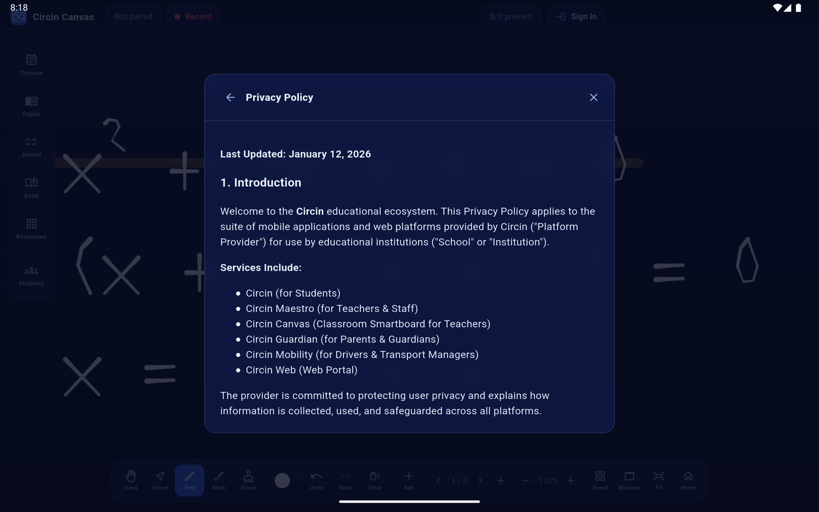 The Privacy Policy rendered inside the panel