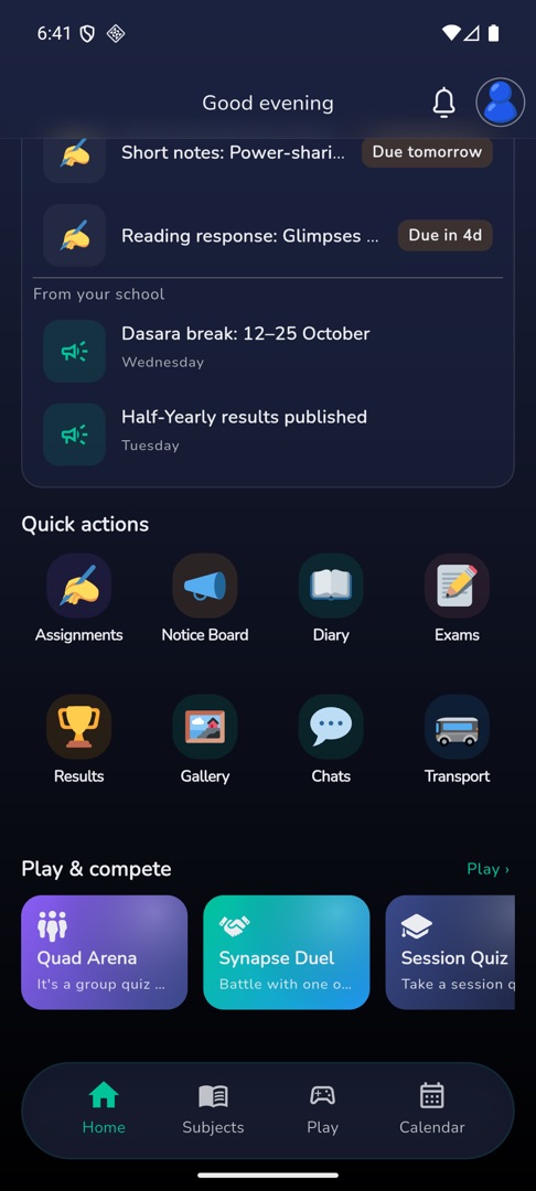 Home scrolled to the "Quick actions" grid