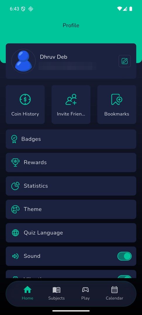 The Profile screen with the header card and the tile row