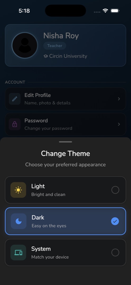 The "Change Theme" sheet with Dark selected