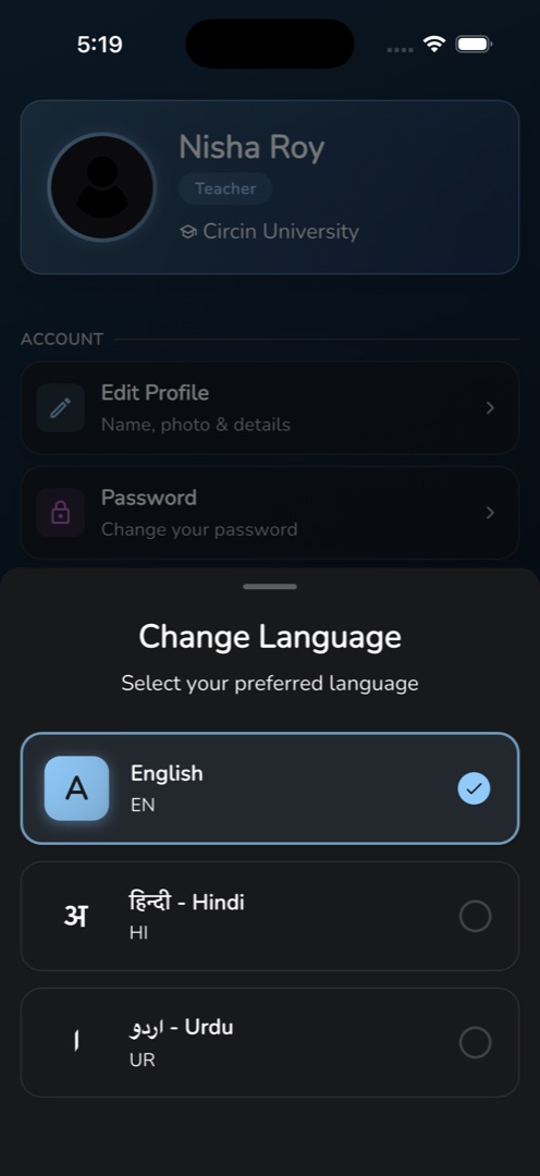 The "Change Language" sheet