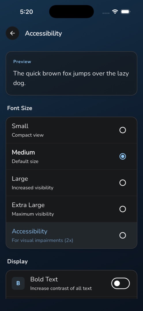 The Accessibility screen at Medium, showing the Preview card