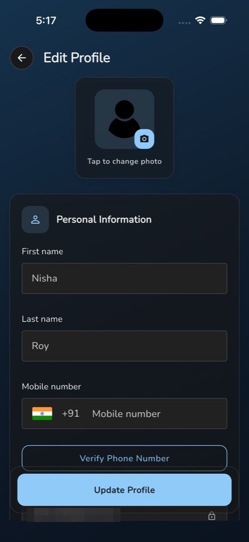 The Edit Profile form pre-filled, avatar with "Tap to change photo"