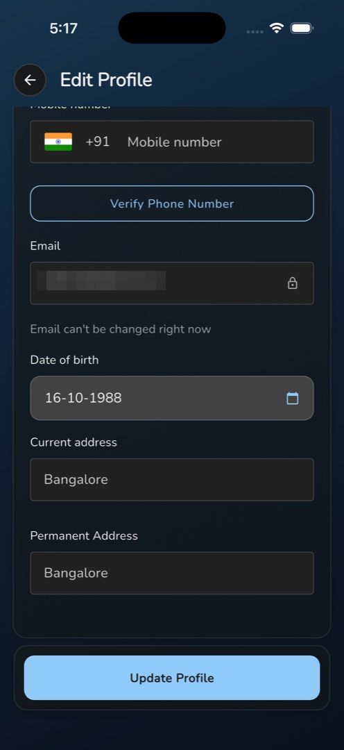 The locked Email field with its "Email can't be changed right now" note
