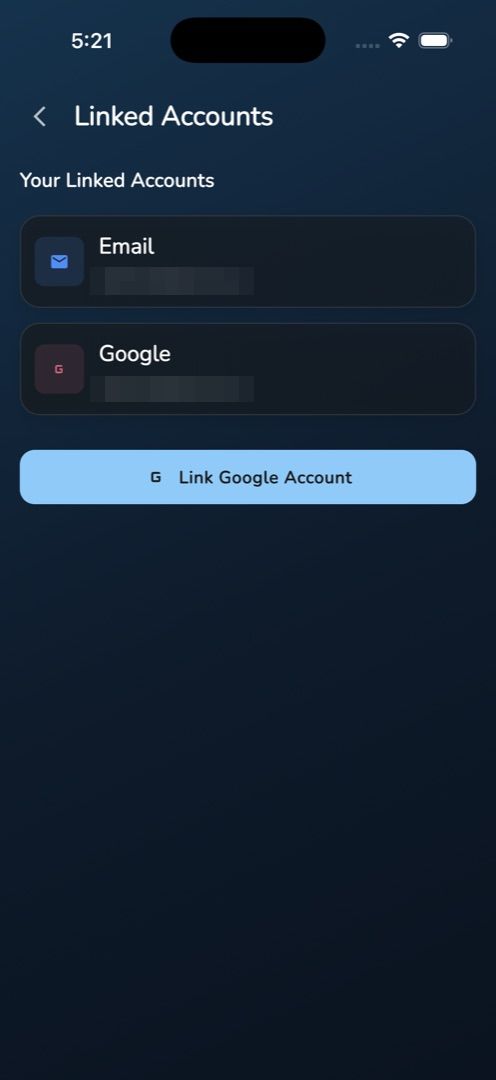 Linked Accounts showing the Email and Google provider cards