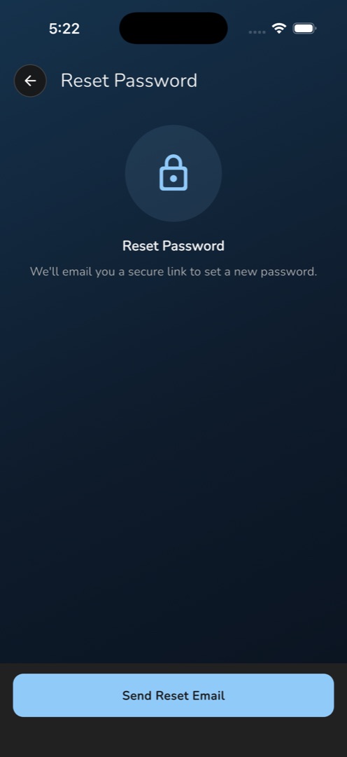 The "Reset Password" screen with no fields and the "Send Reset Email" button