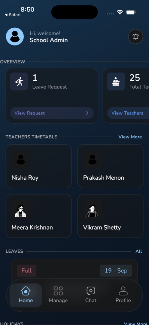 Staff Home — the Overview count tiles, Teachers Timetable and the Leaves section