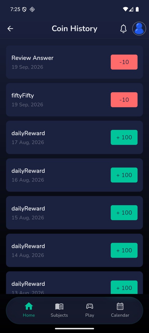 The Coin History list with a mix of green + and red rows