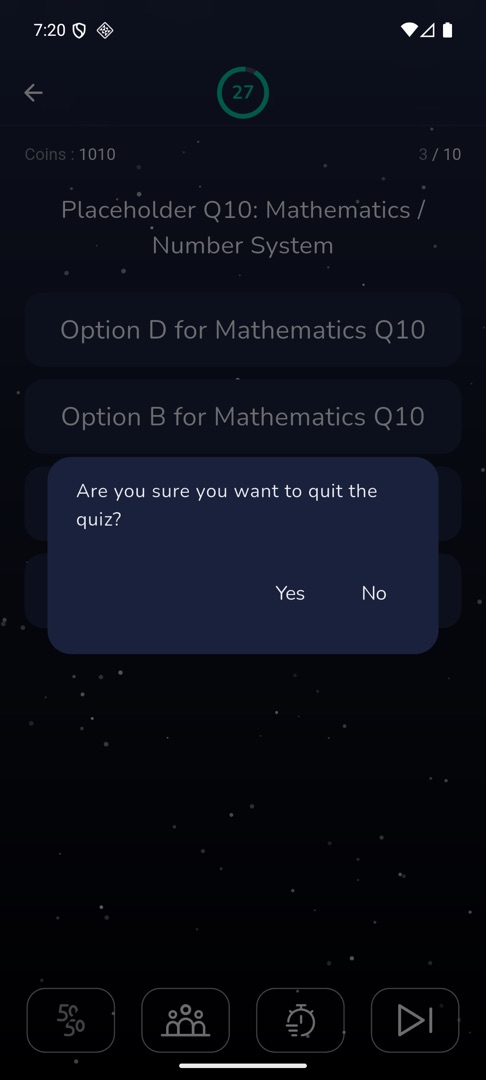 The "Are you sure you want to quit the quiz?" confirmation