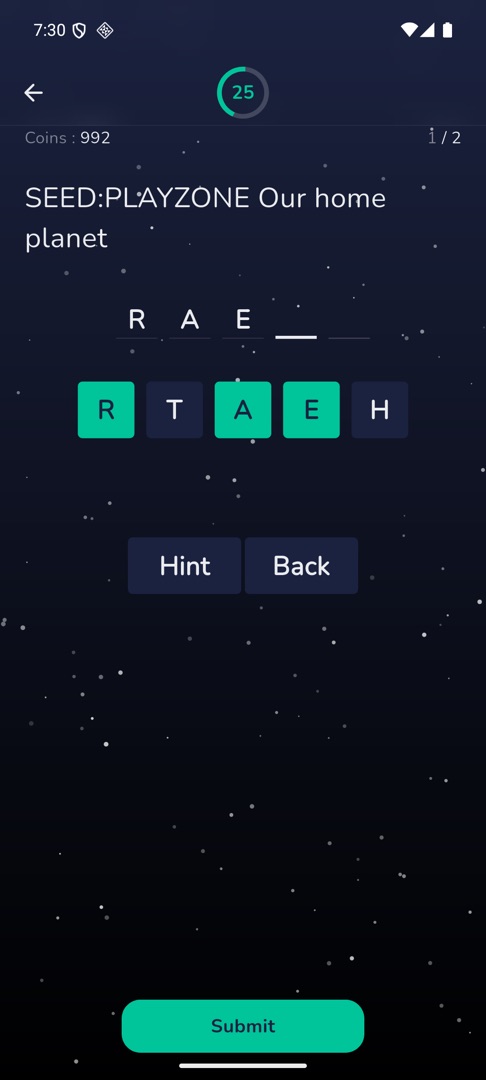 Guess The Word mid-answer, with the letter boxes and keyboard
