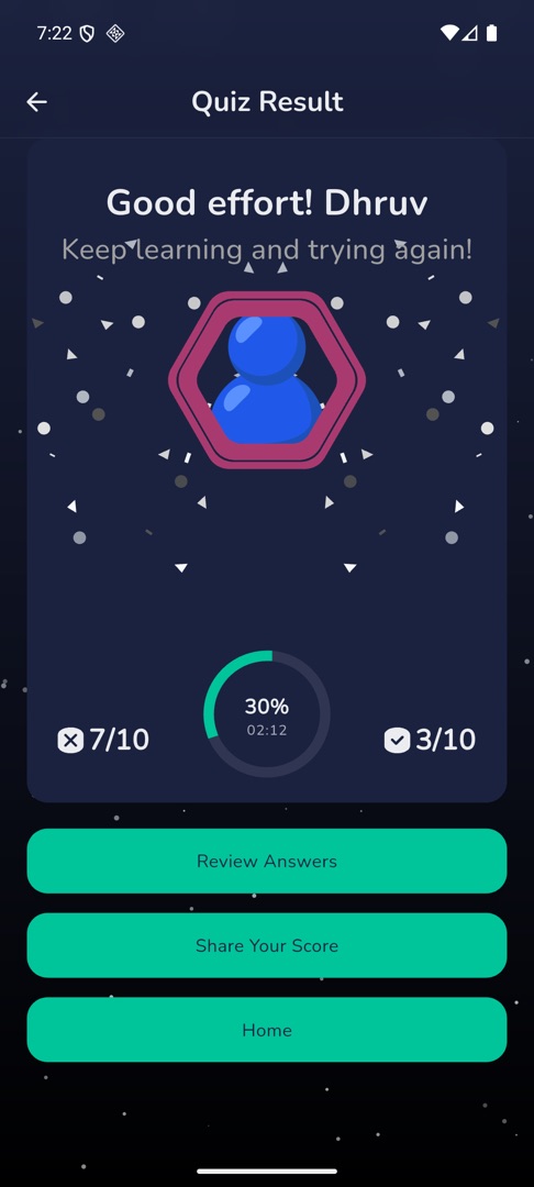 The button stack — Review Answers, Share Your Score, Home