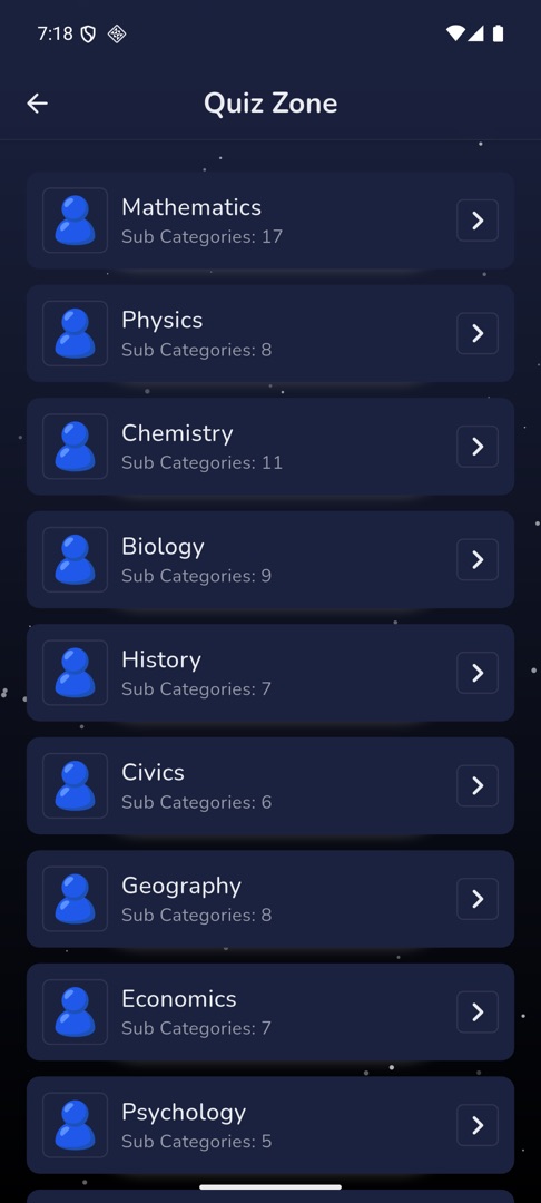 The Quiz Zone category list, each card showing its sub-category count