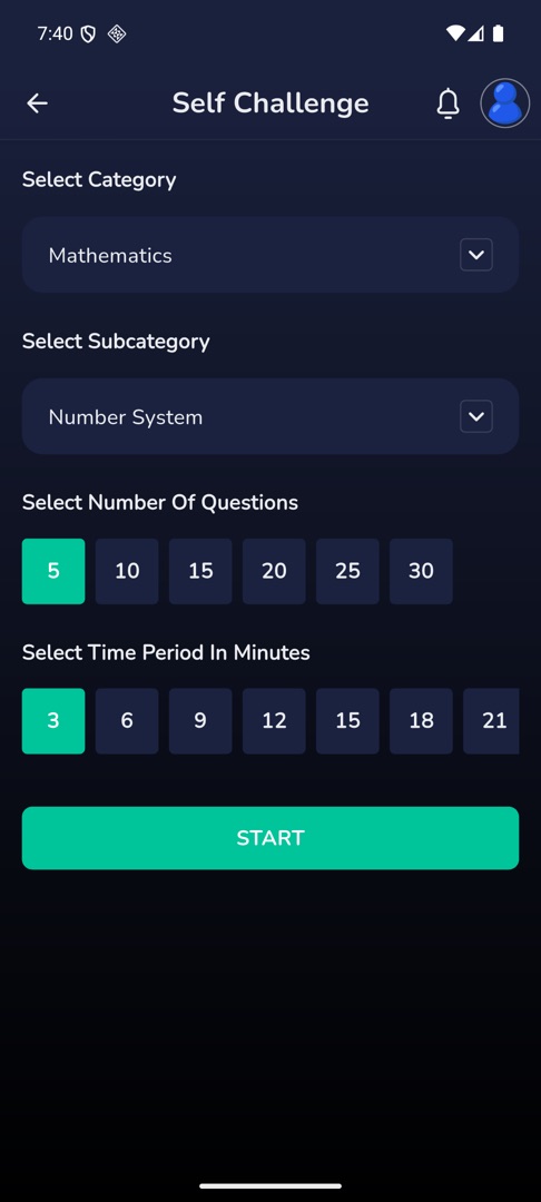 The Self Challenge setup screen with all four choices made