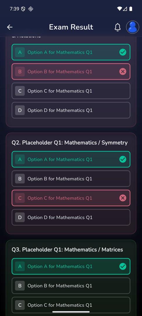The Review Answers section, with the correct option ticked in green and your wrong pick crossed in red
